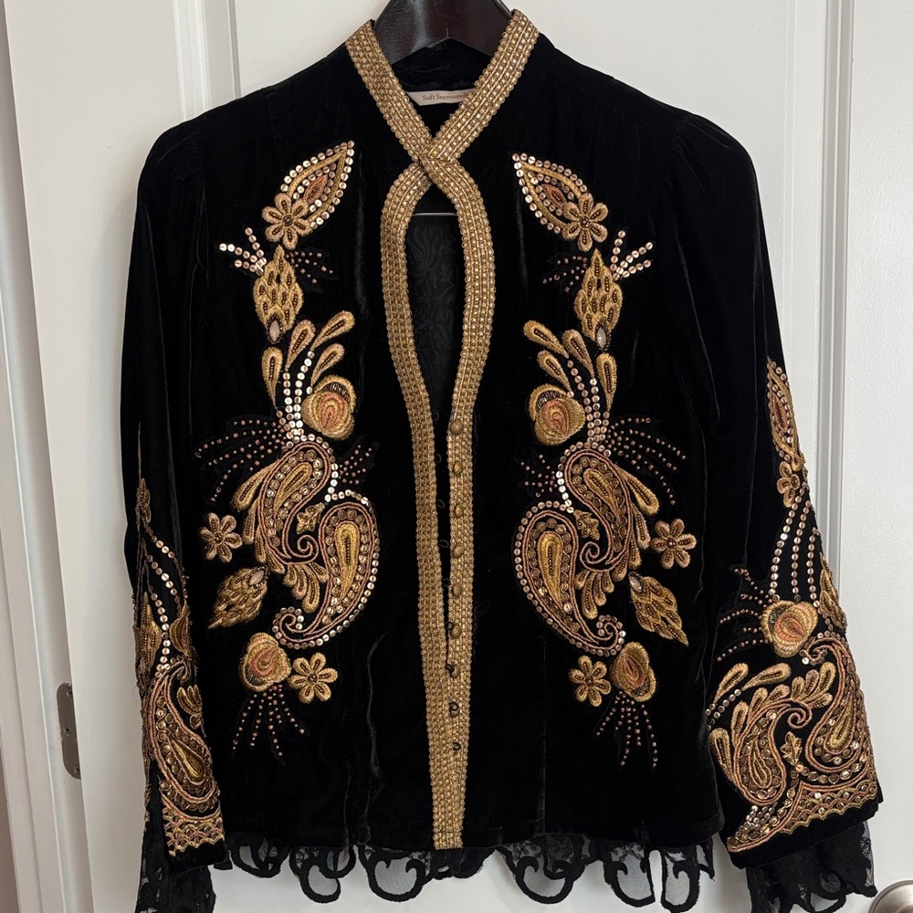 Soft Surroundings Black and Gold Velvet Embroidered evening jacket.